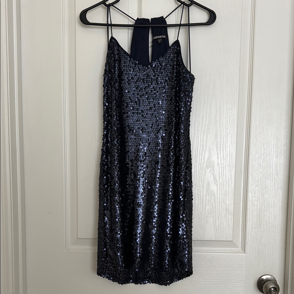 Express Midnight Blue Sequin Backless Dress